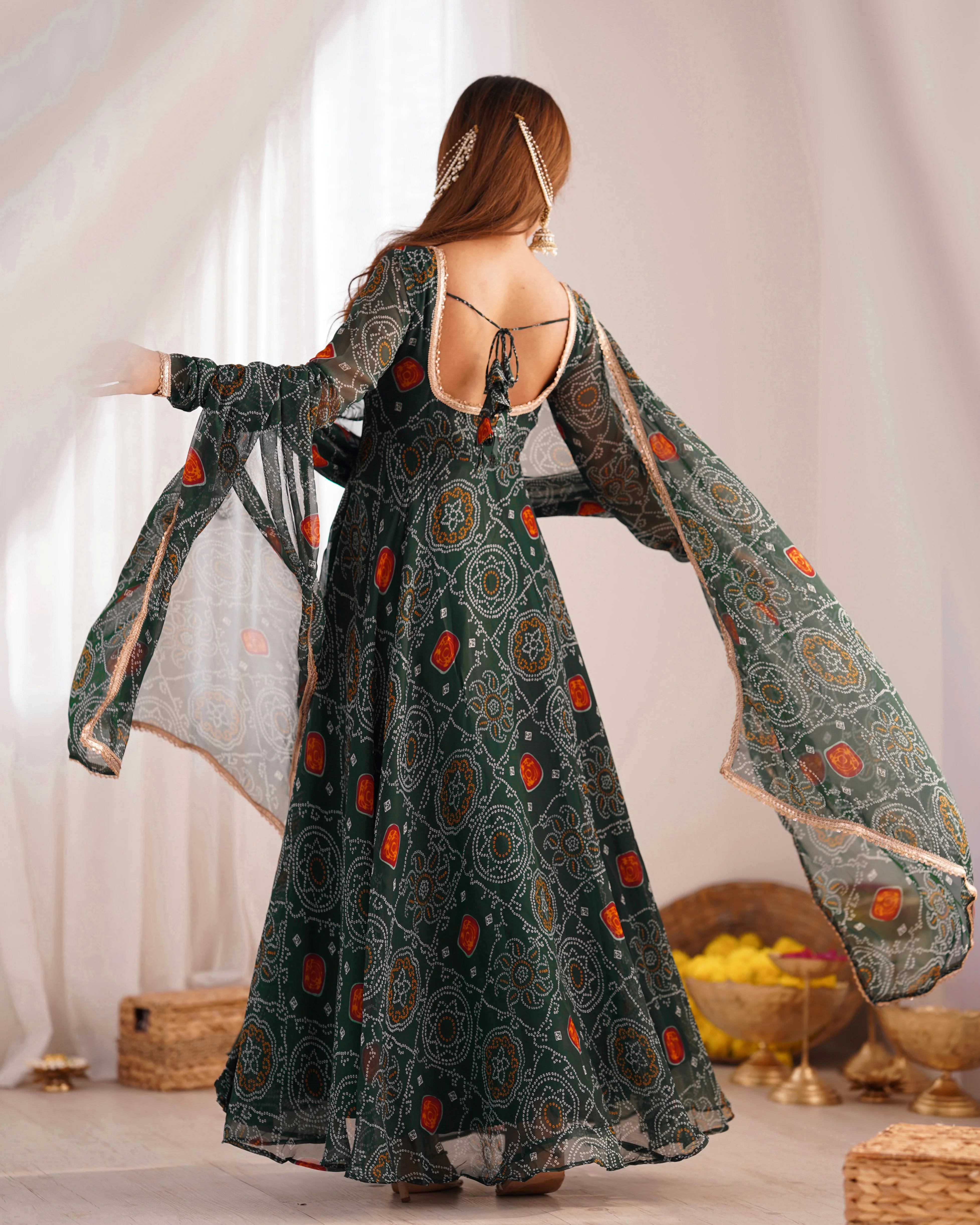 Green Color Bandhej Print Soft Chiffon Anarkali Gown - Image 5