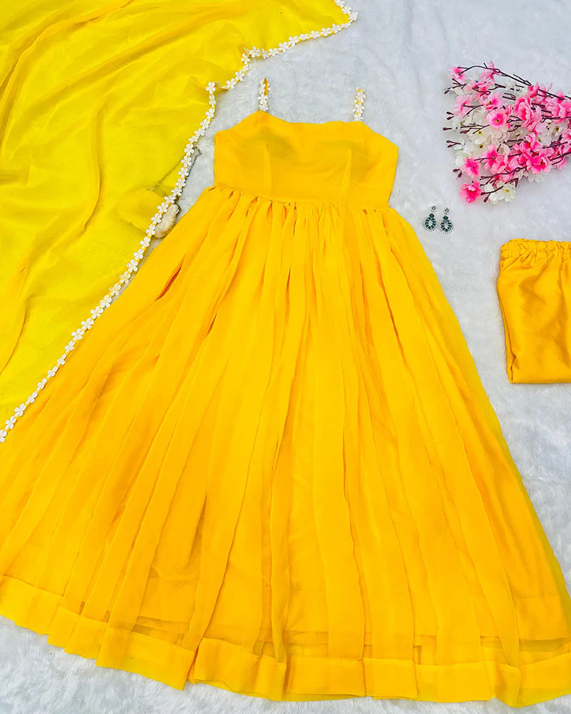 Haldi Special Yellow Color Faux Georgette Gown With Dupatta - Image 4