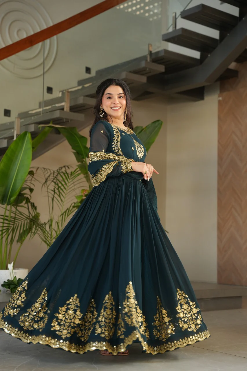 Heavy Designer Gown in Bottle Green Georgette With Sequence Embroidery Work - Image 6