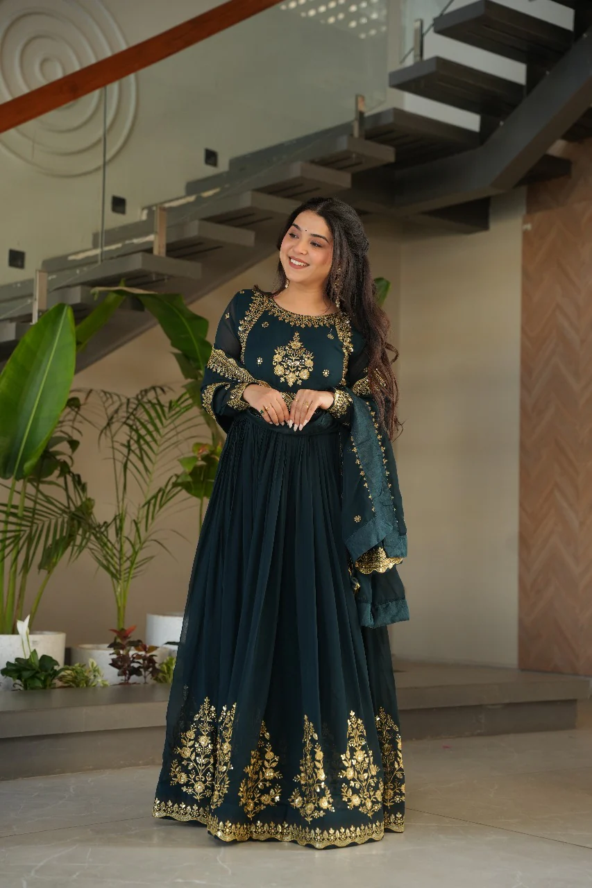 Heavy Designer Gown in Bottle Green Georgette With Sequence Embroidery Work - Image 8