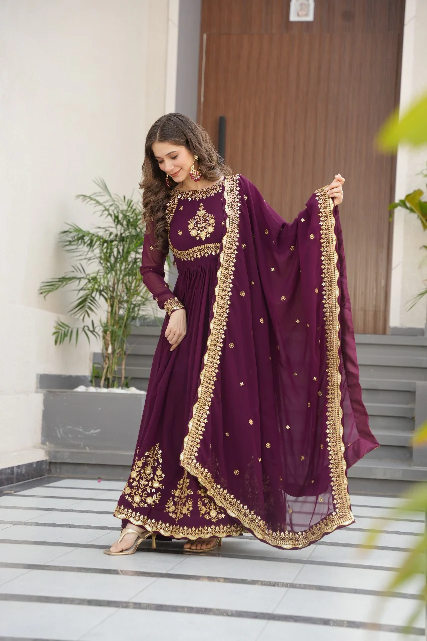 Heavy Designer Gown in Wine Georgette With Sequence Embroidery Work and Dupatta - Image 2