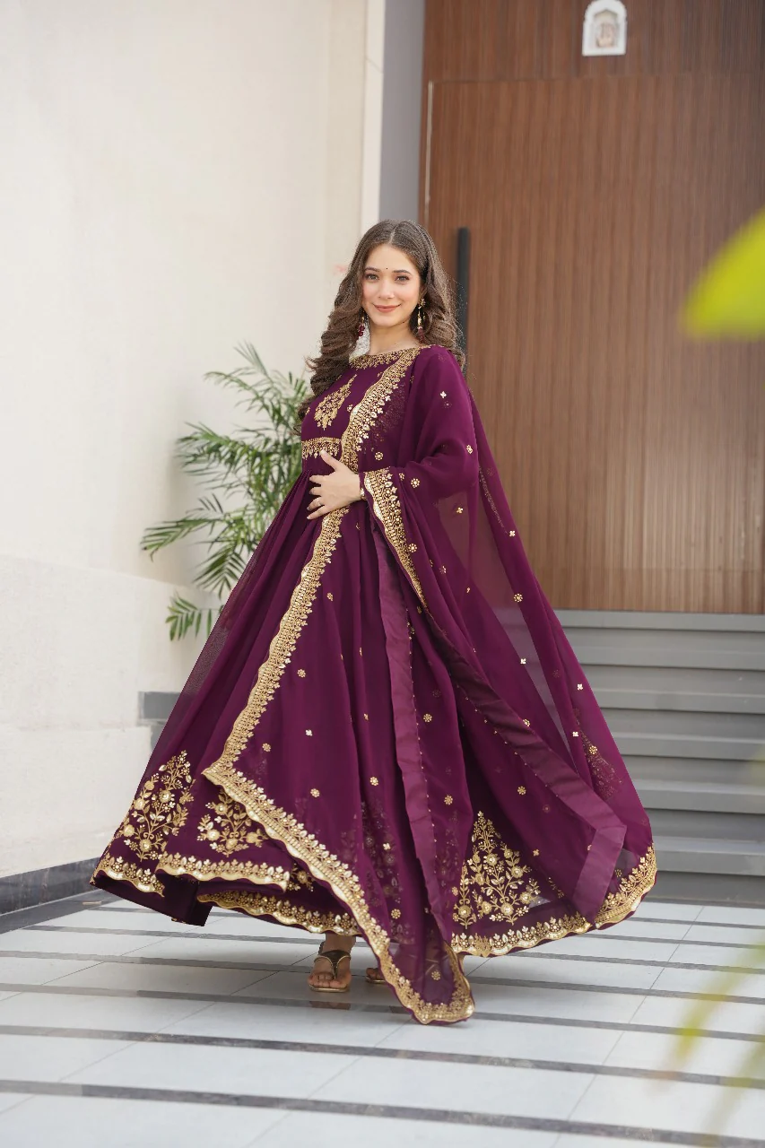 Heavy Designer Gown in Wine Georgette With Sequence Embroidery Work and Dupatta - Image 9