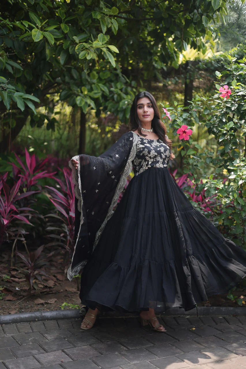 Jacquard Embroidery Work Black Color Gown With Dupatta - Image 3