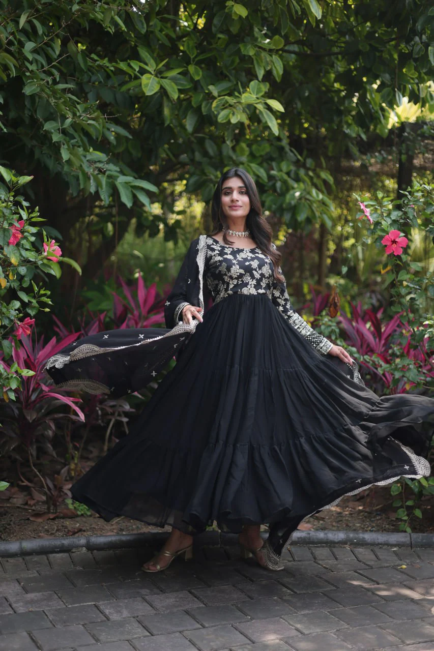 Jacquard Embroidery Work Black Color Gown With Dupatta - Image 4