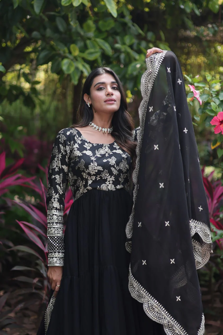 Jacquard Embroidery Work Black Color Gown With Dupatta - Image 5