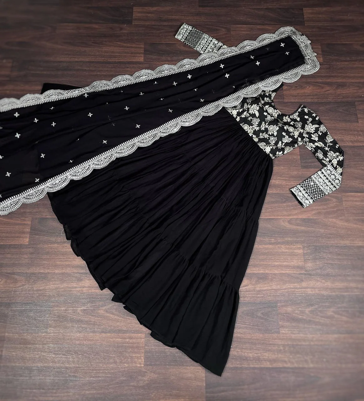 Jacquard Embroidery Work Black Color Gown With Dupatta - Image 6