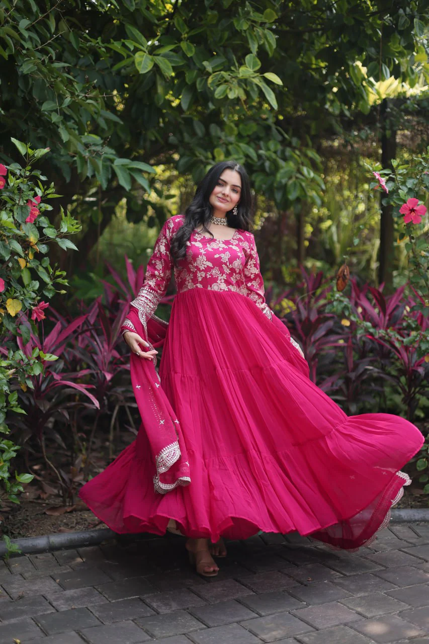 Jacquard Embroidery Work Pink Color Gown With Dupatta - Image 3