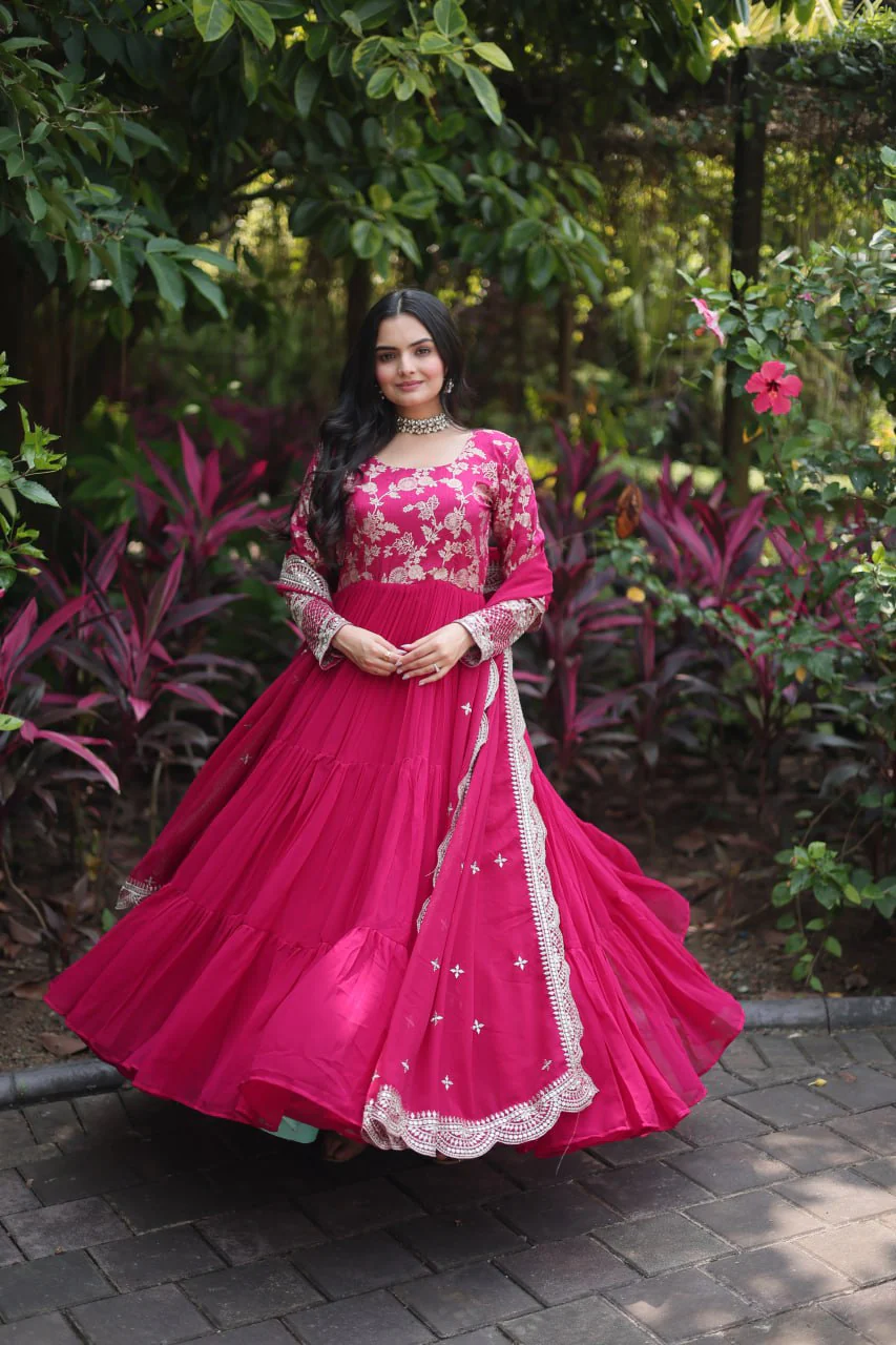 Jacquard Embroidery Work Pink Color Gown With Dupatta - Image 4