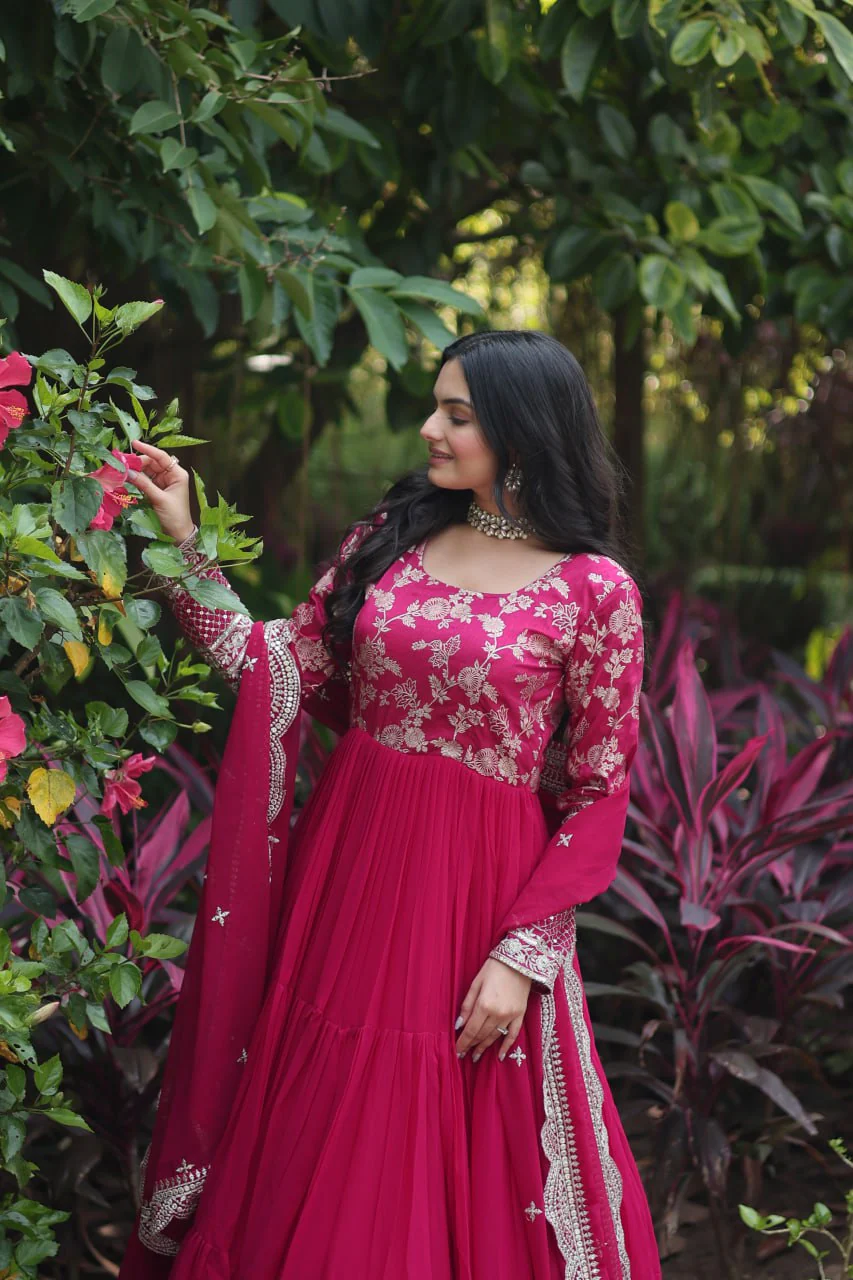 Jacquard Embroidery Work Pink Color Gown With Dupatta - Image 5