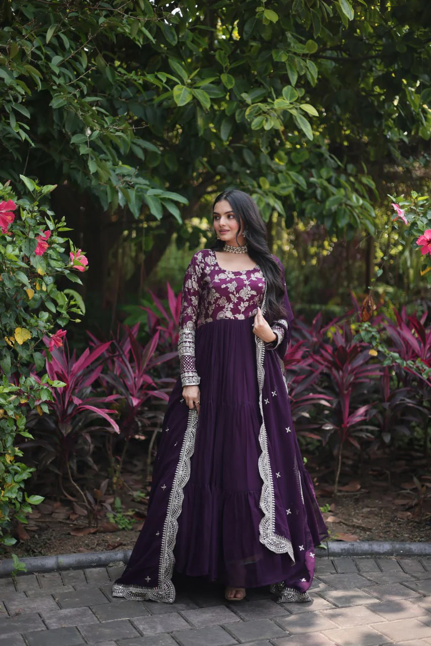 Jacquard Embroidery Work Wine Color Gown With Dupatta - Image 3