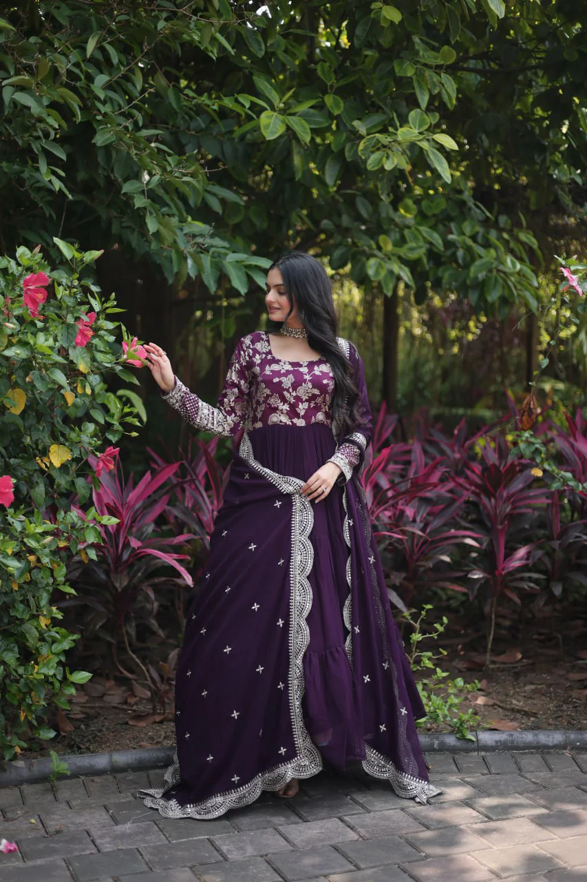Jacquard Embroidery Work Wine Color Gown With Dupatta - Image 4