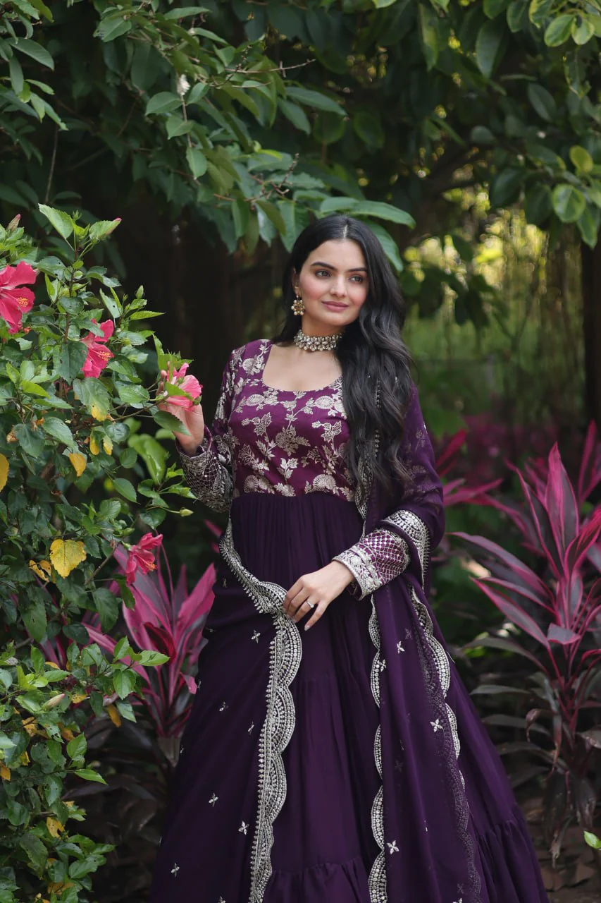 Jacquard Embroidery Work Wine Color Gown With Dupatta - Image 5