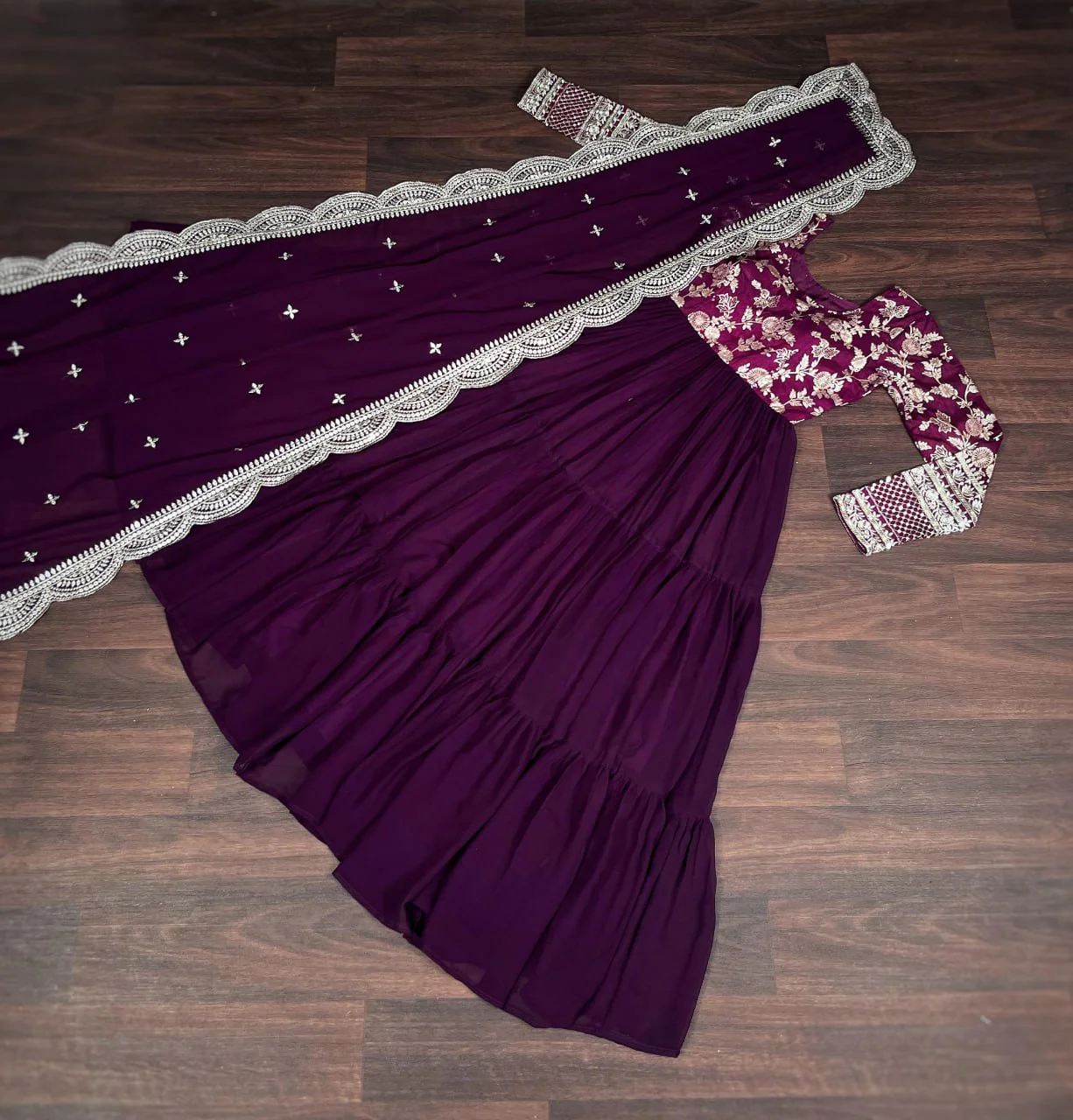 Jacquard Embroidery Work Wine Color Gown With Dupatta - Image 6
