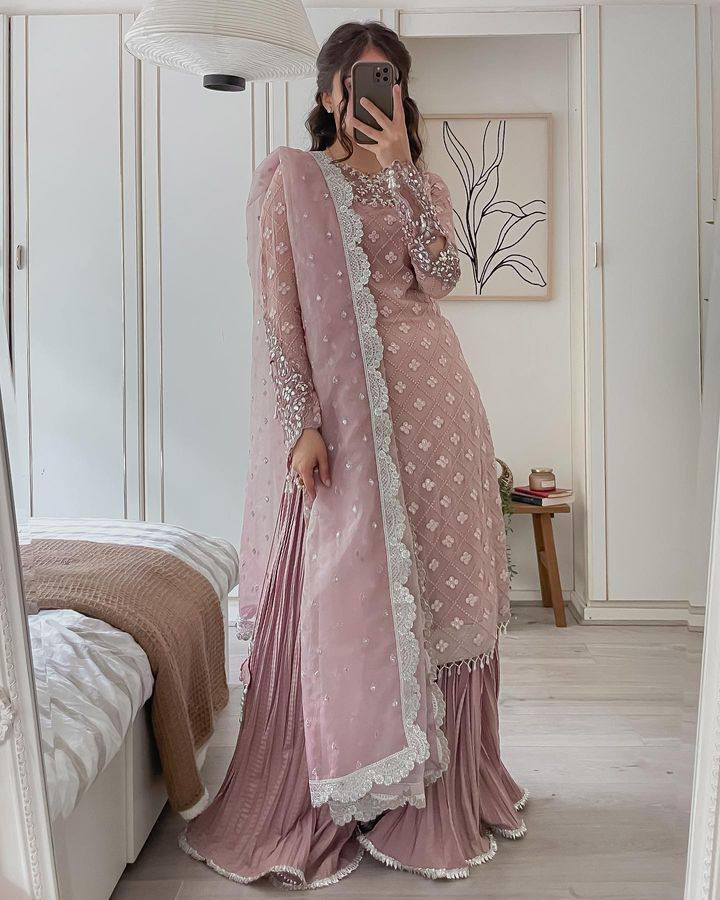 Jiana Peach Georgette Embroidered Kurta Palazzo Sets - Image 3