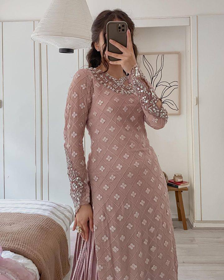 Jiana Peach Georgette Embroidered Kurta Palazzo Sets - Image 6