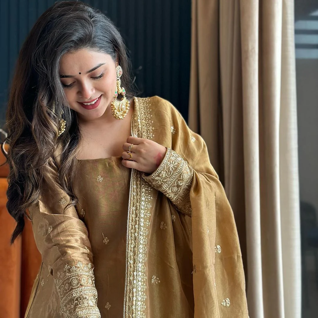 Keyara Beige Satin Embroidered Kurti Sharara Set - Image 4