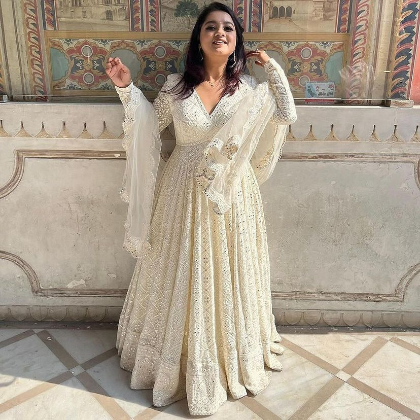 White Lakhnawi Embroidered Georgette Fully Stitched Long Anarkali Suit Set - Image 2