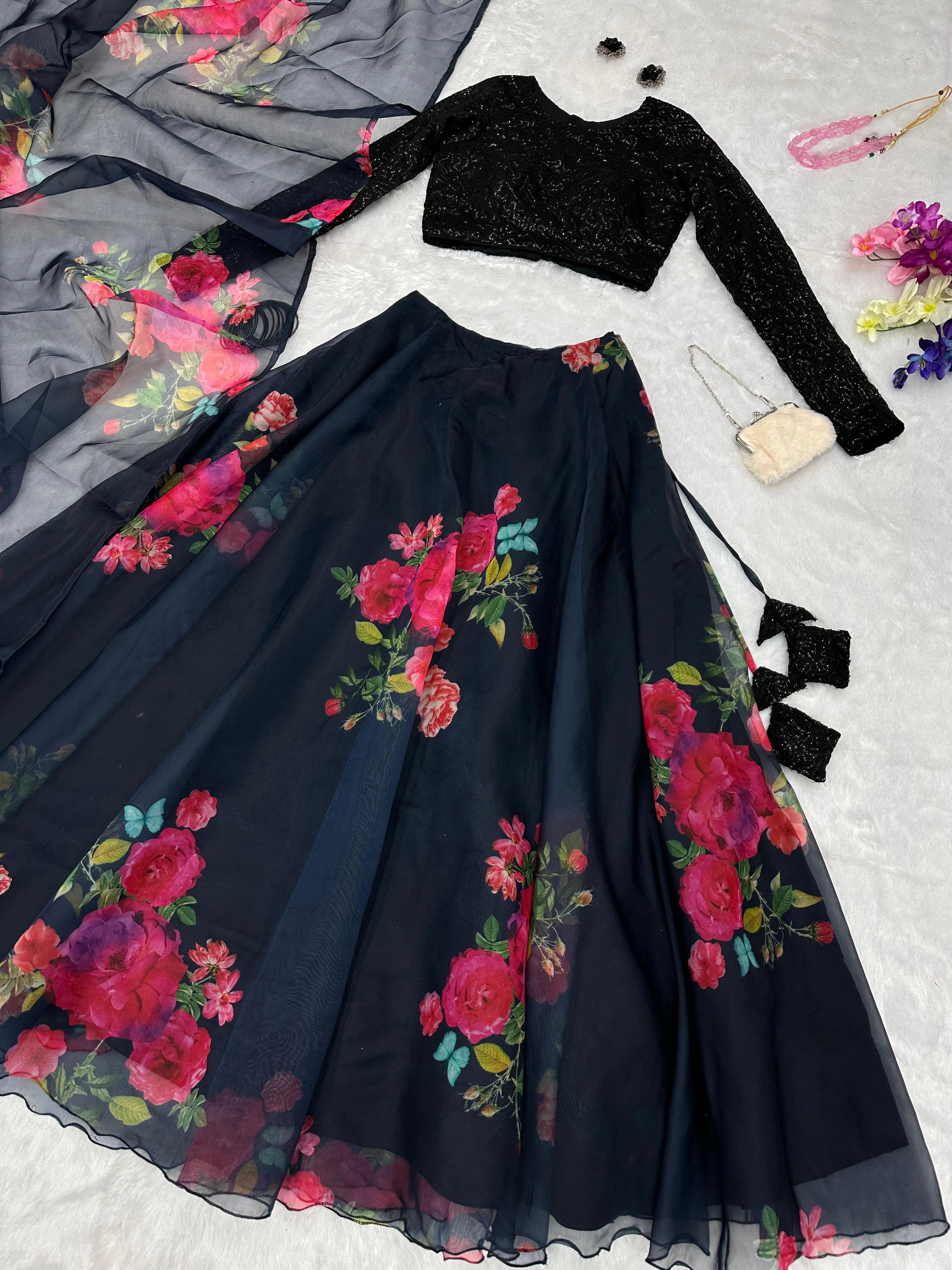 Latest Designer Black Organza Silk Floral Printed Lehenga Choli - Image 3
