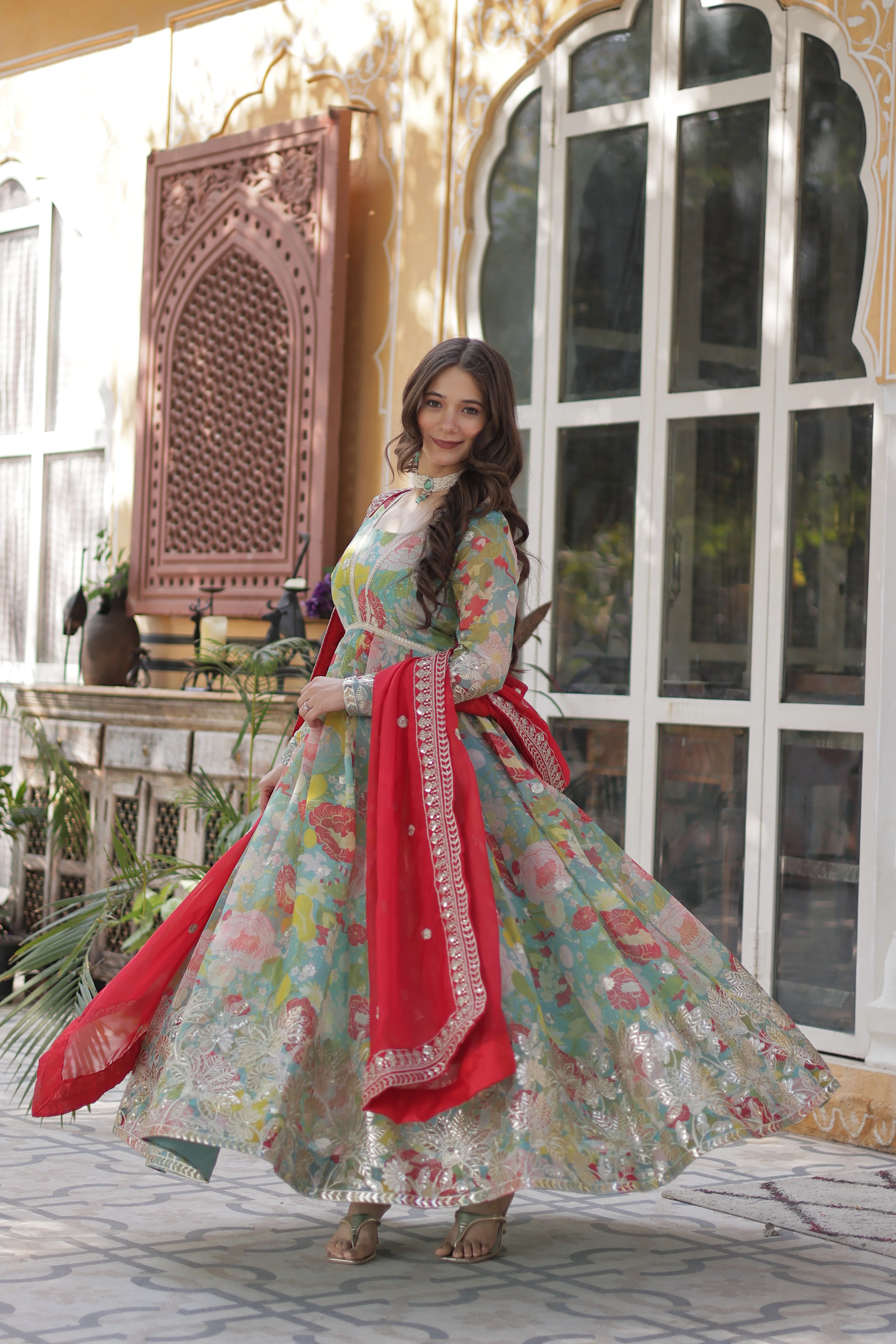 Lime Green Color Alia Cut Embroidered Gown With Dupatta - Image 11