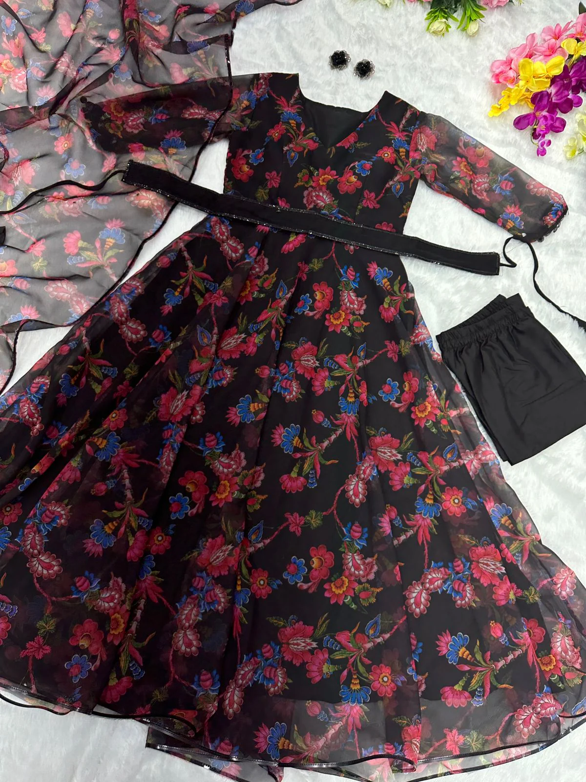 Lovely Flower Print Black Color Anarkali Suit - Image 3