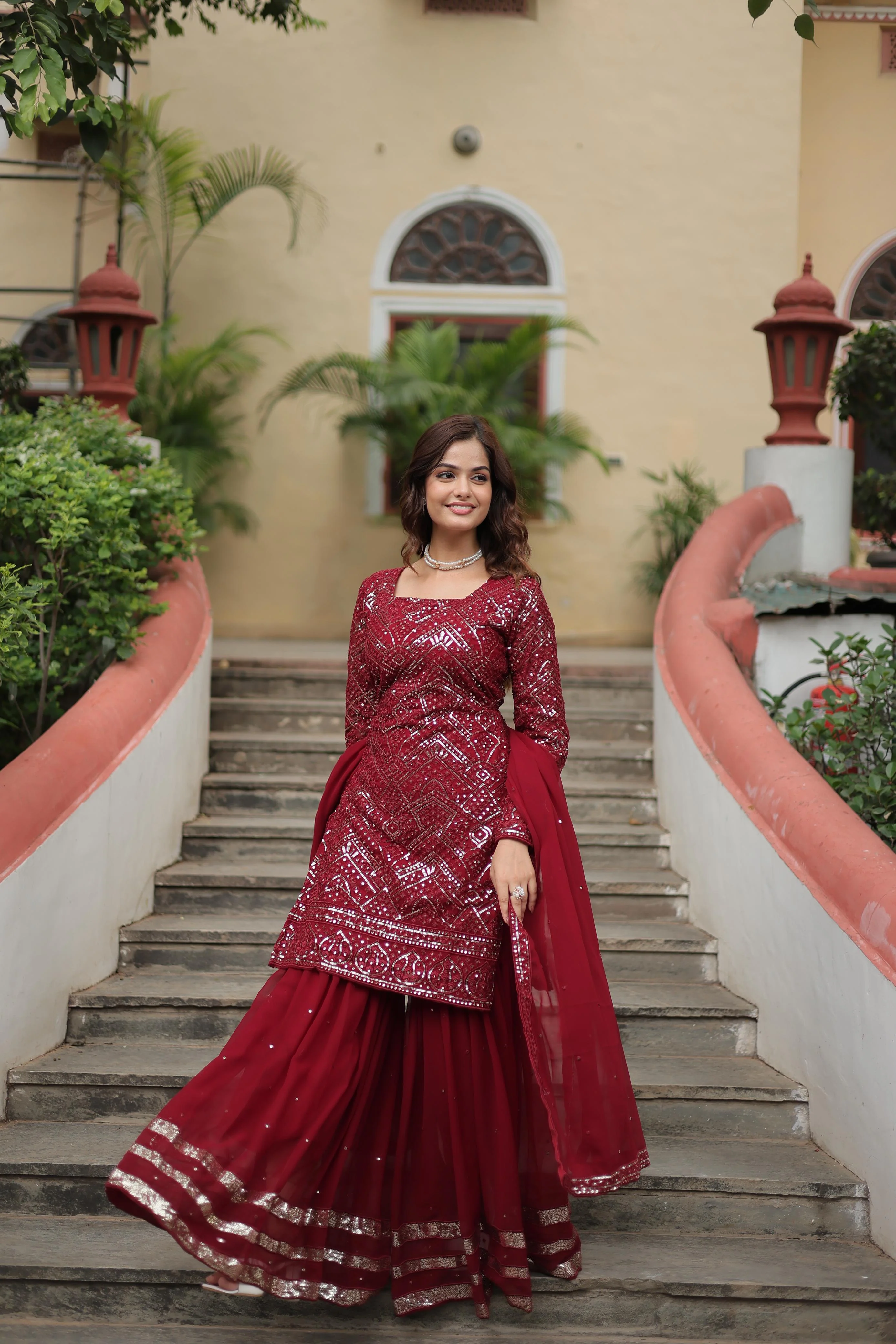 Maroon Color Faux Georgette Embroidered Sharara Suit - Image 3