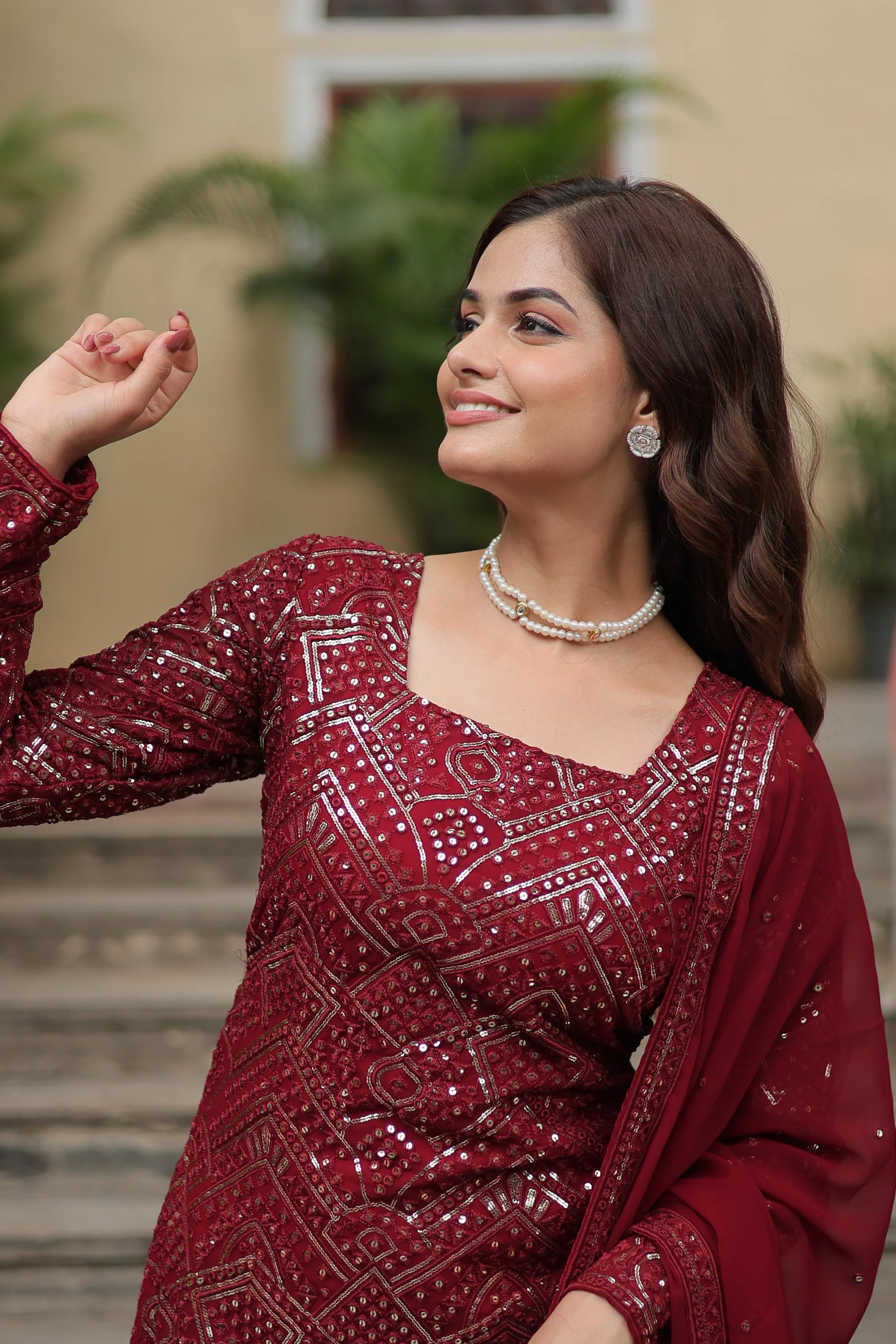 Maroon Color Faux Georgette Embroidered Sharara Suit - Image 4