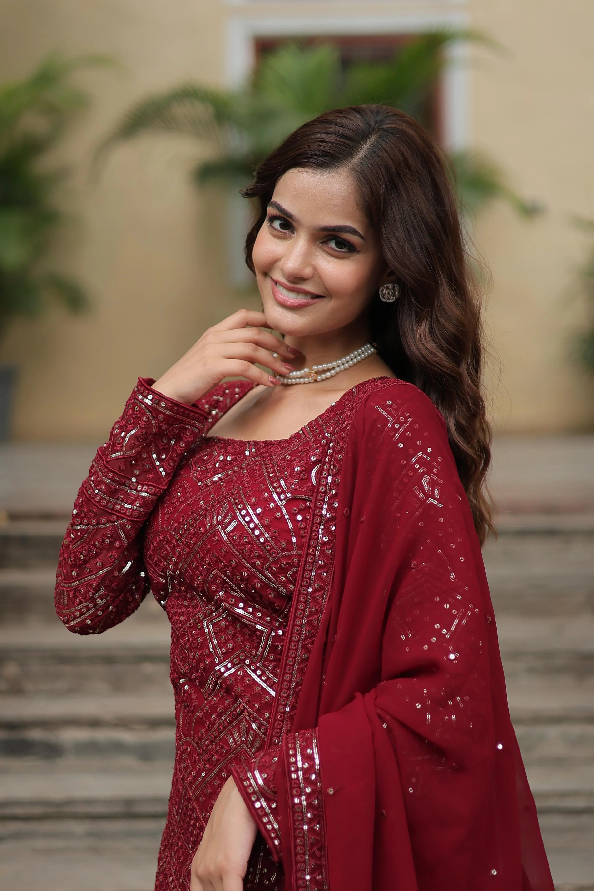 Maroon Color Faux Georgette Embroidered Sharara Suit - Image 5