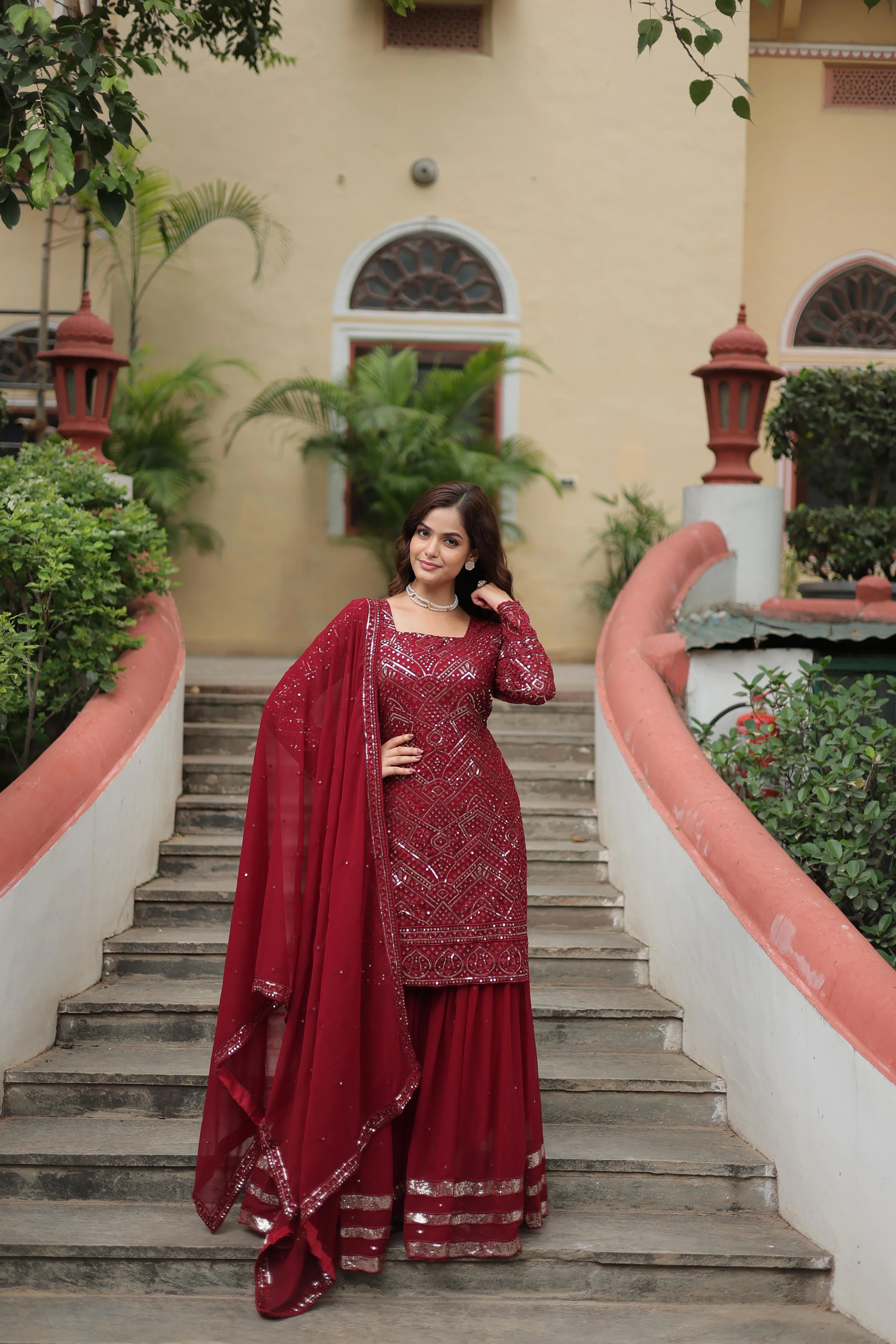 Maroon Color Faux Georgette Embroidered Sharara Suit - Image 6