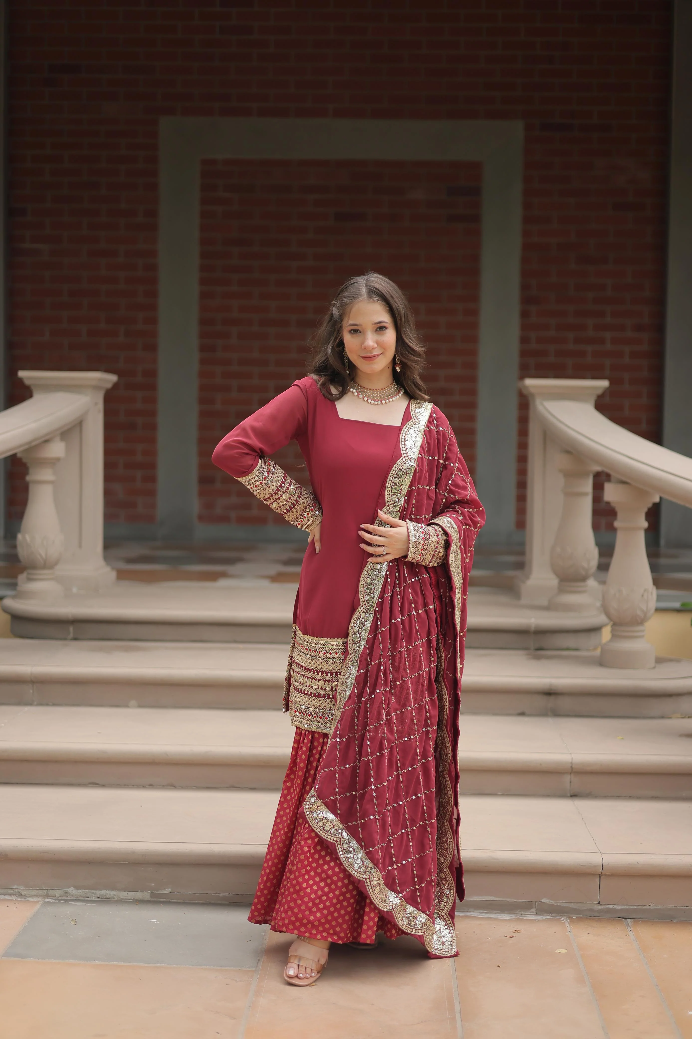 Maroon Color Georgette And Jacquard Sharara Suit - Image 4