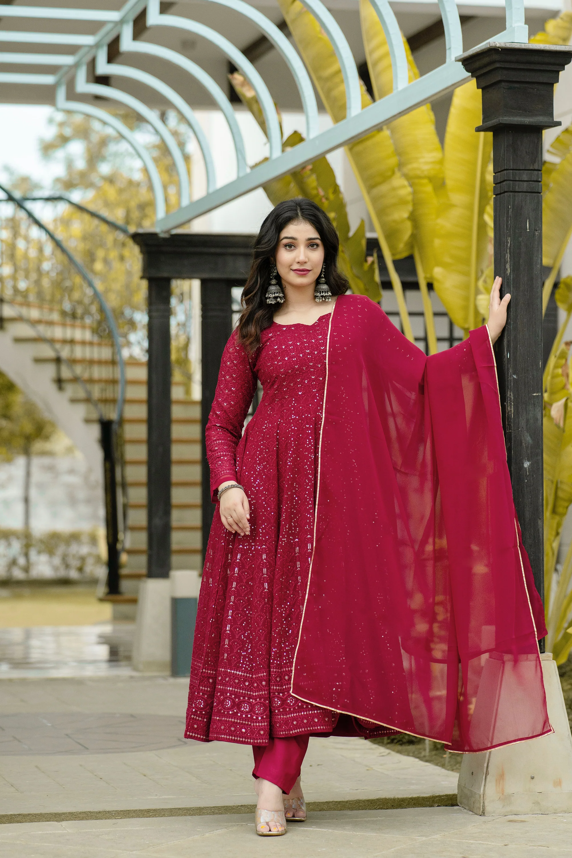 Maroon Embroidered Georgette Anarkali Suit Set - Image 9