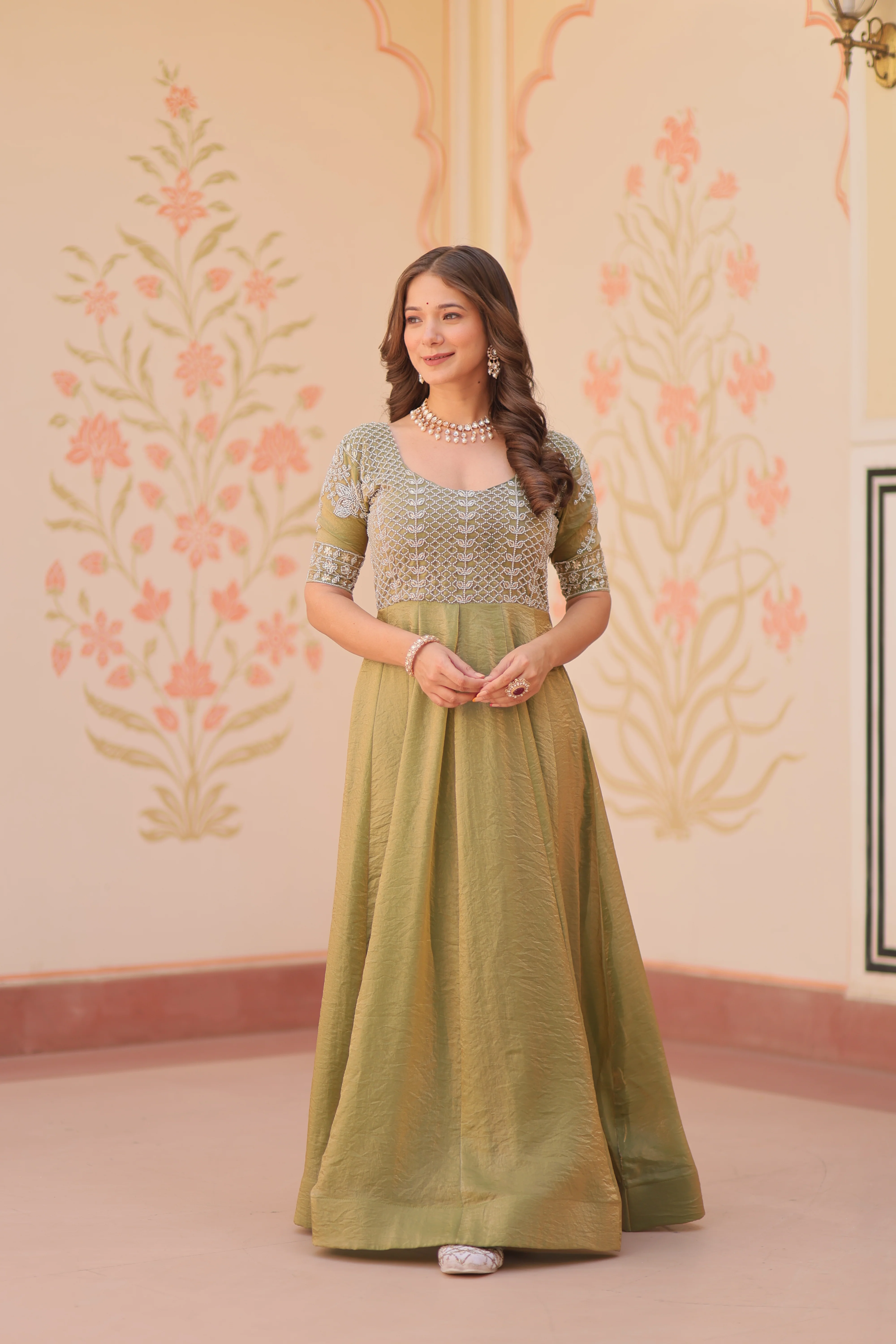 Mehndi Color Fendi Embroidered work Gown - Image 10