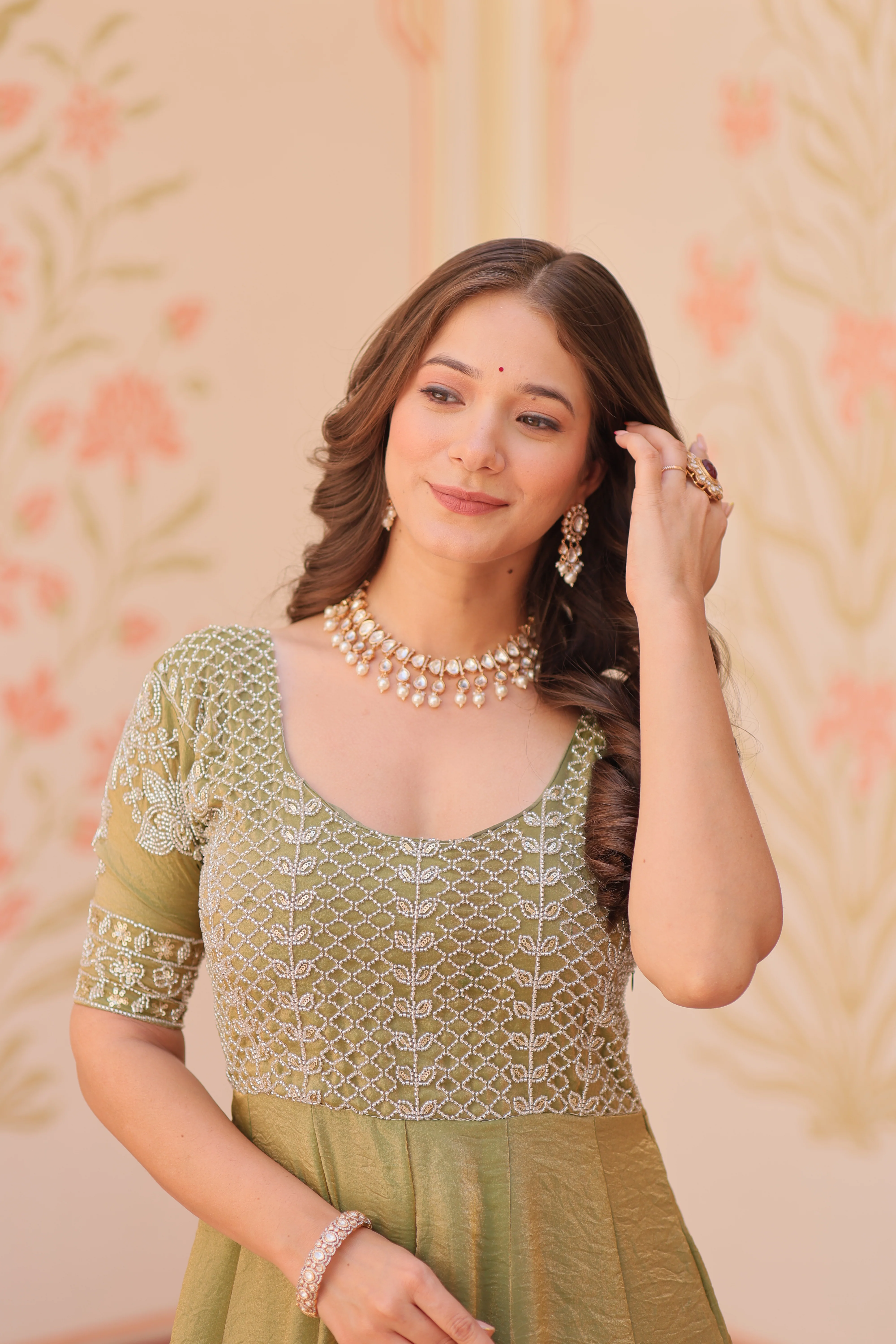 Mehndi Color Fendi Embroidered work Gown - Image 2