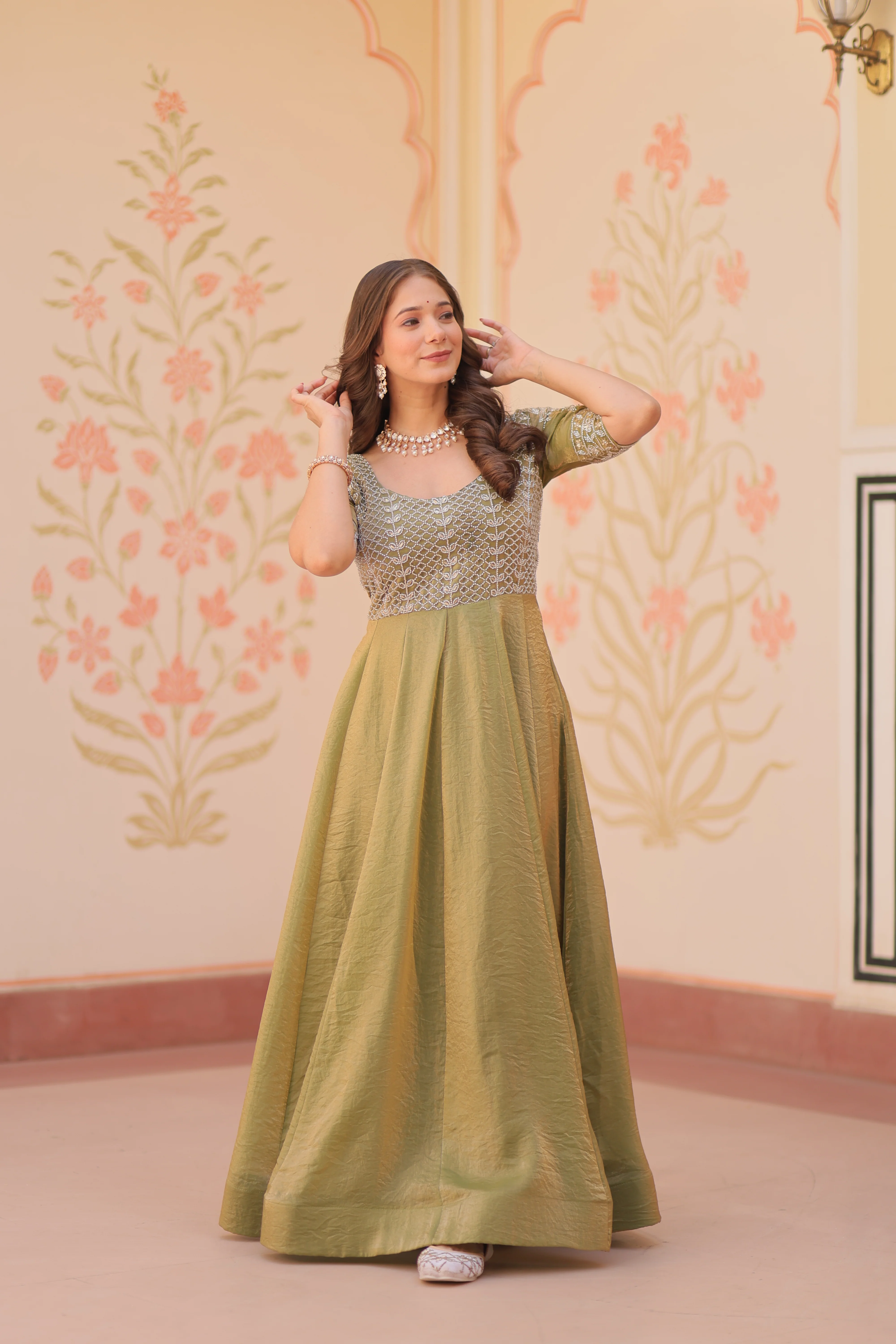 Mehndi Color Fendi Embroidered work Gown - Image 3