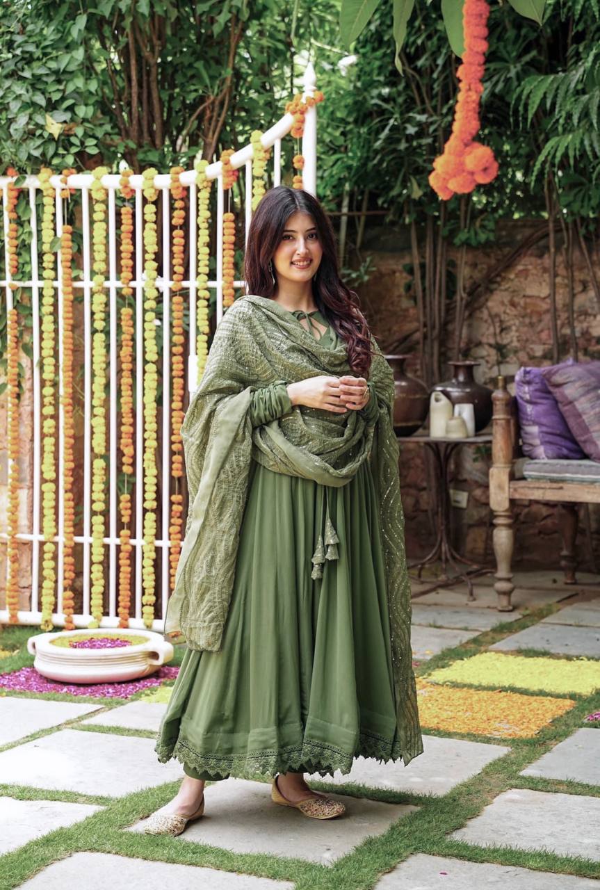 Mehndi Color Plain Gown With Heavy Dupatta - Image 2
