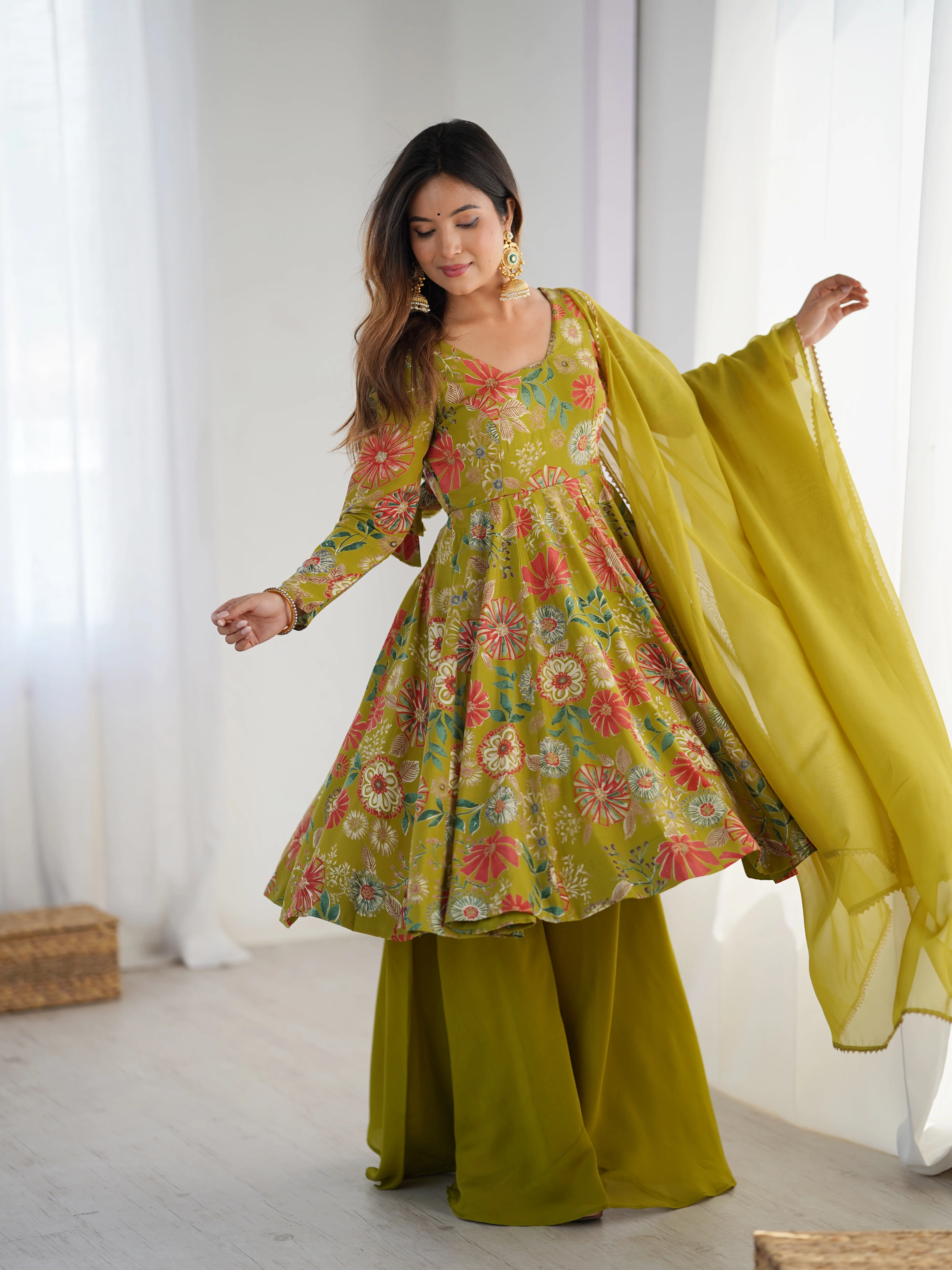 Mehndi Color Roman Silk Discharge Printed Plazzo Suit (Copy) - Image 6