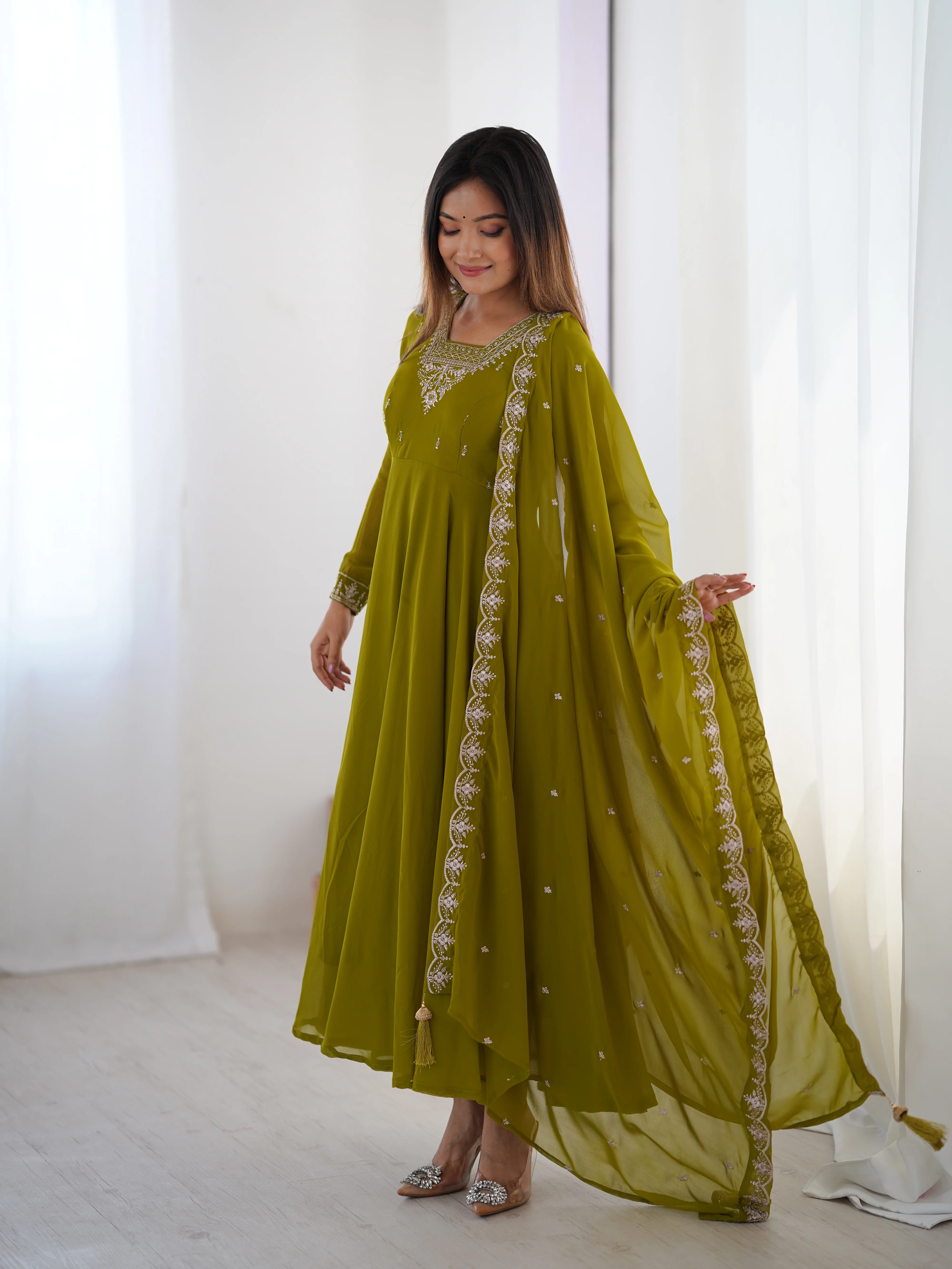 Mehndi Green Color Georgette Embroidered Three Piece Anarkali Suit - Image 3