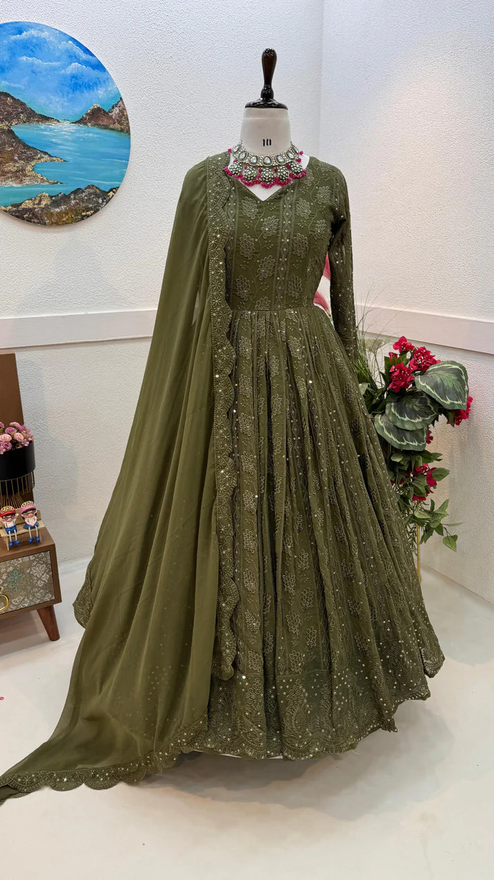 Mehndi Green Color Thread Sequence Work Gown - Image 3