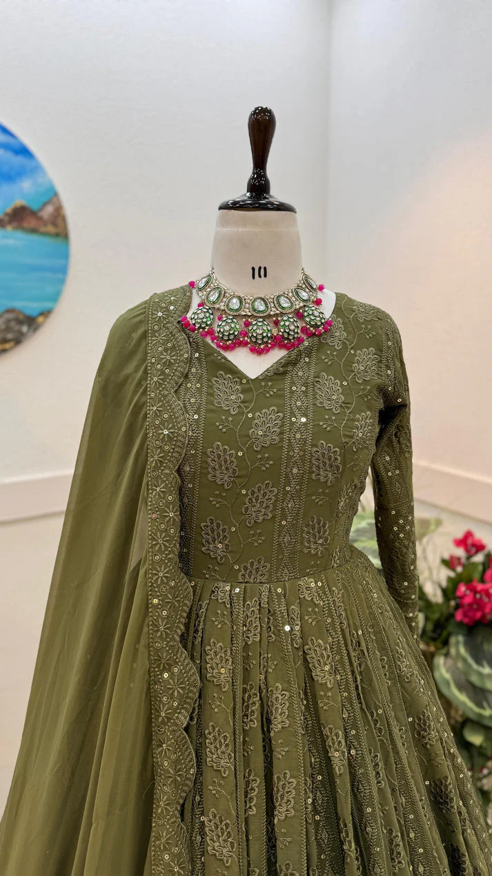 Mehndi Green Color Thread Sequence Work Gown - Image 4