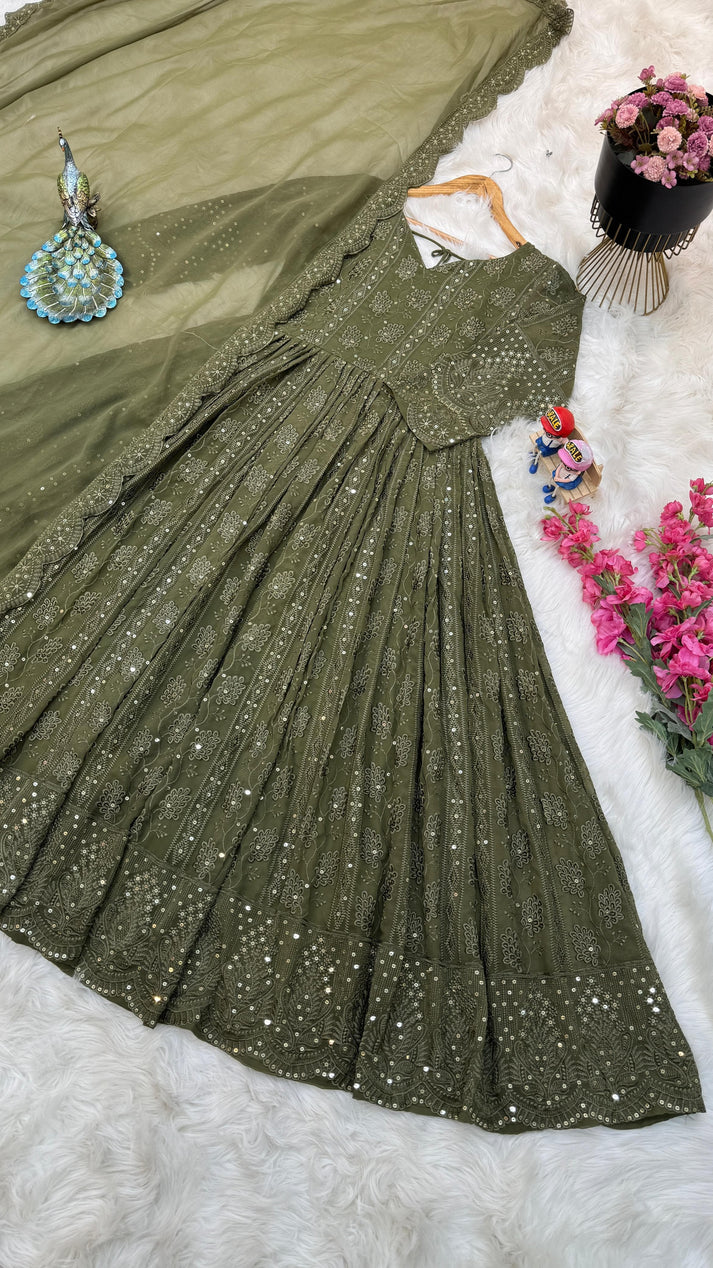 Mehndi Green Color Thread Sequence Work Gown - Image 5