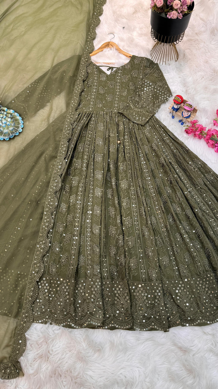 Mehndi Green Color Thread Sequence Work Gown - Image 6