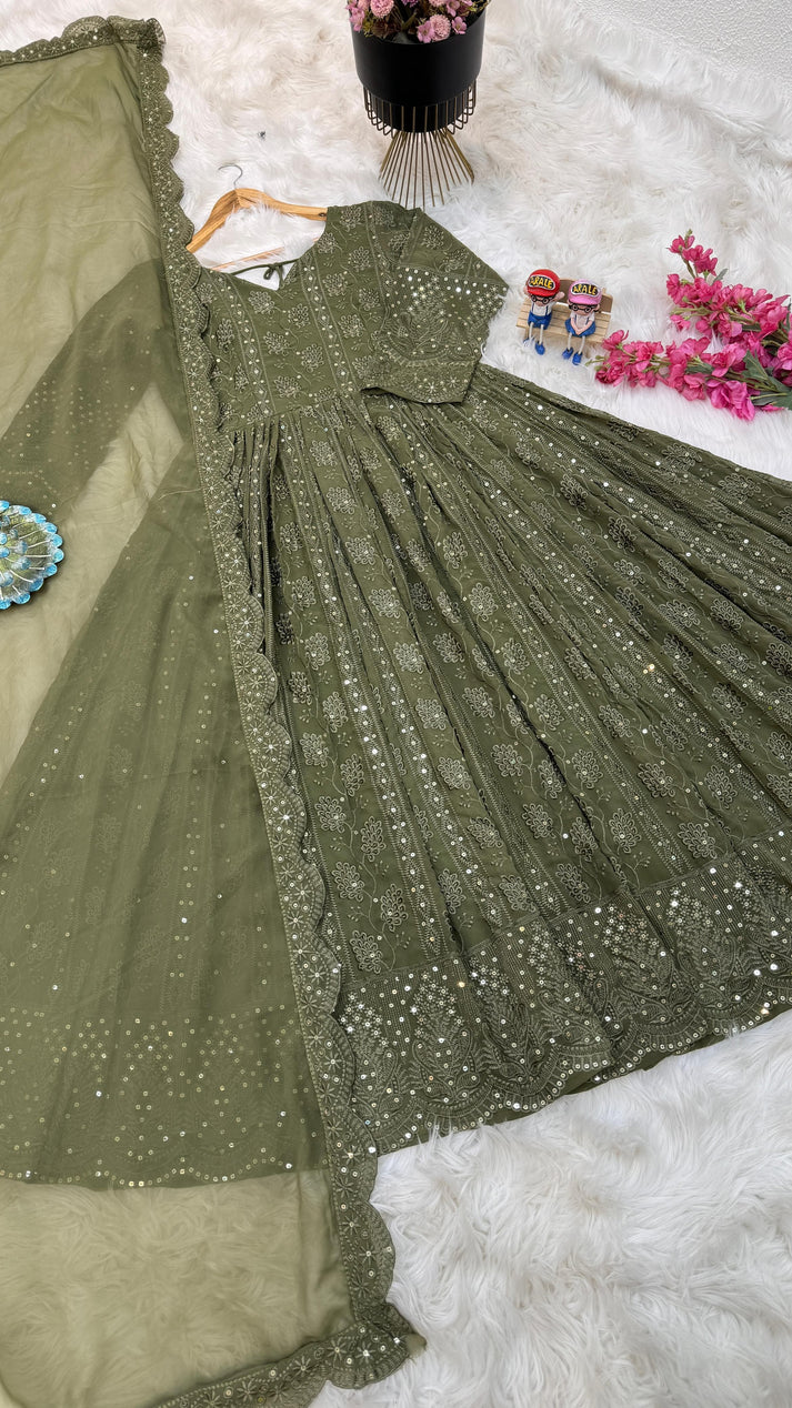 Mehndi Green Color Thread Sequence Work Gown - Image 7