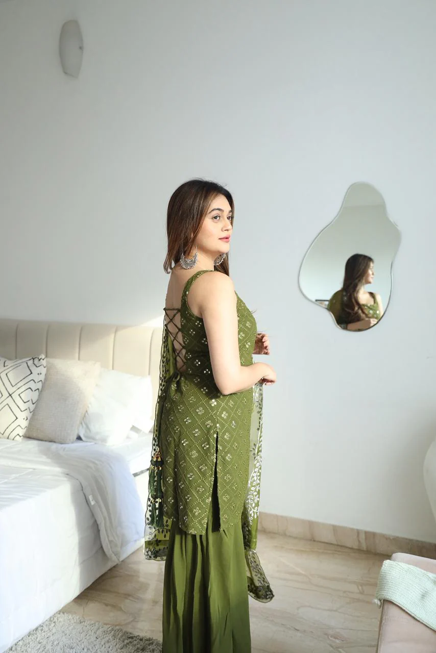Mehndi Outfit Green Kurta And Sharara Suit with Dupatta For Mehndi Ceremony - Image 2