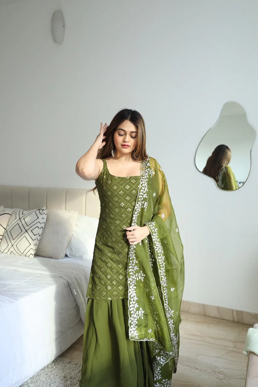 Mehndi Outfit Green Kurta And Sharara Suit with Dupatta For Mehndi Ceremony - Image 3