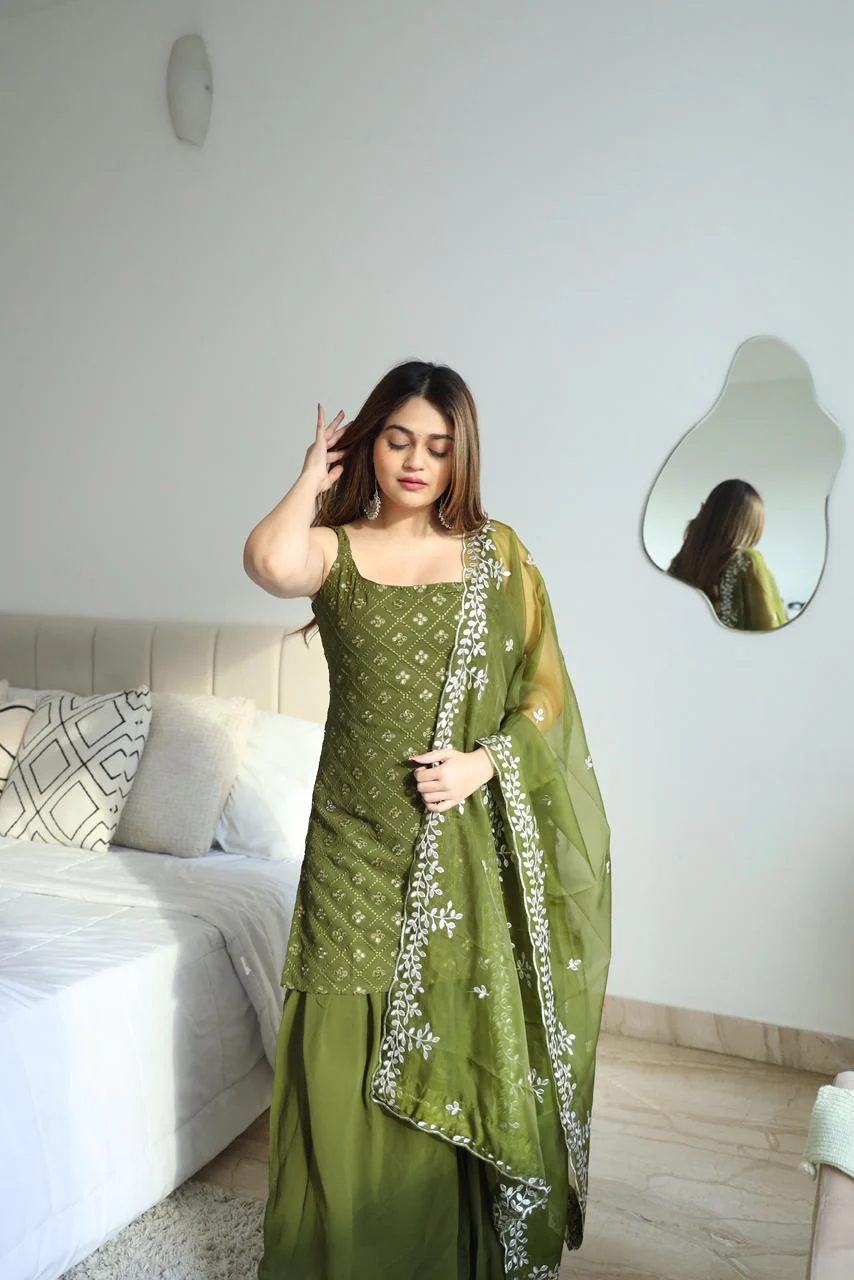 Mehndi Outfit Green Kurta And Sharara Suit with Dupatta For Mehndi Ceremony - Image 5