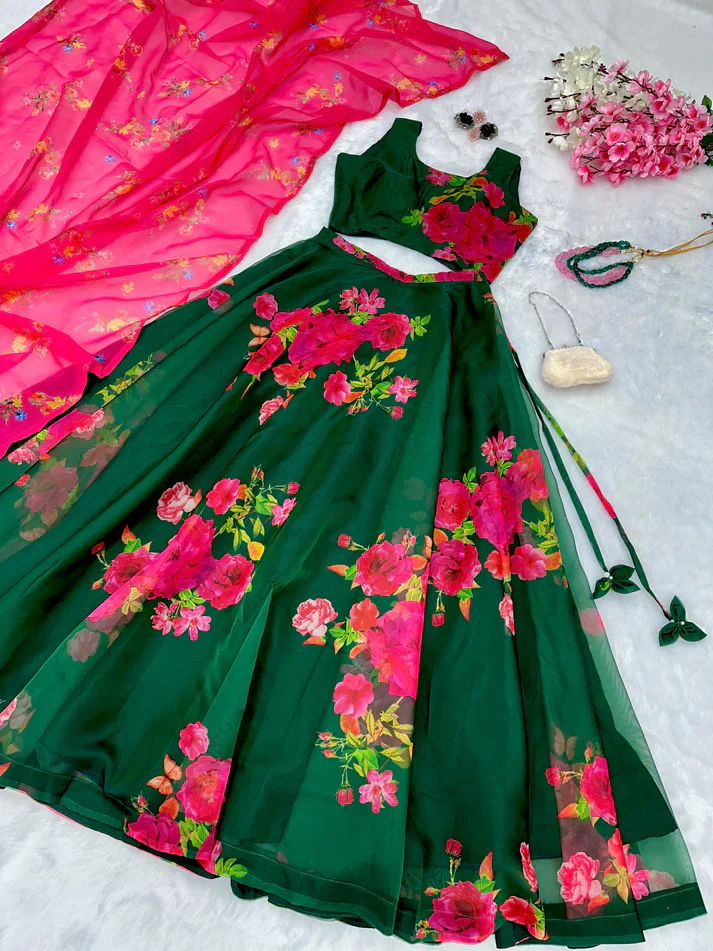Multi Floral Print Green Color Organza Silk Lehenga Choli - Image 5