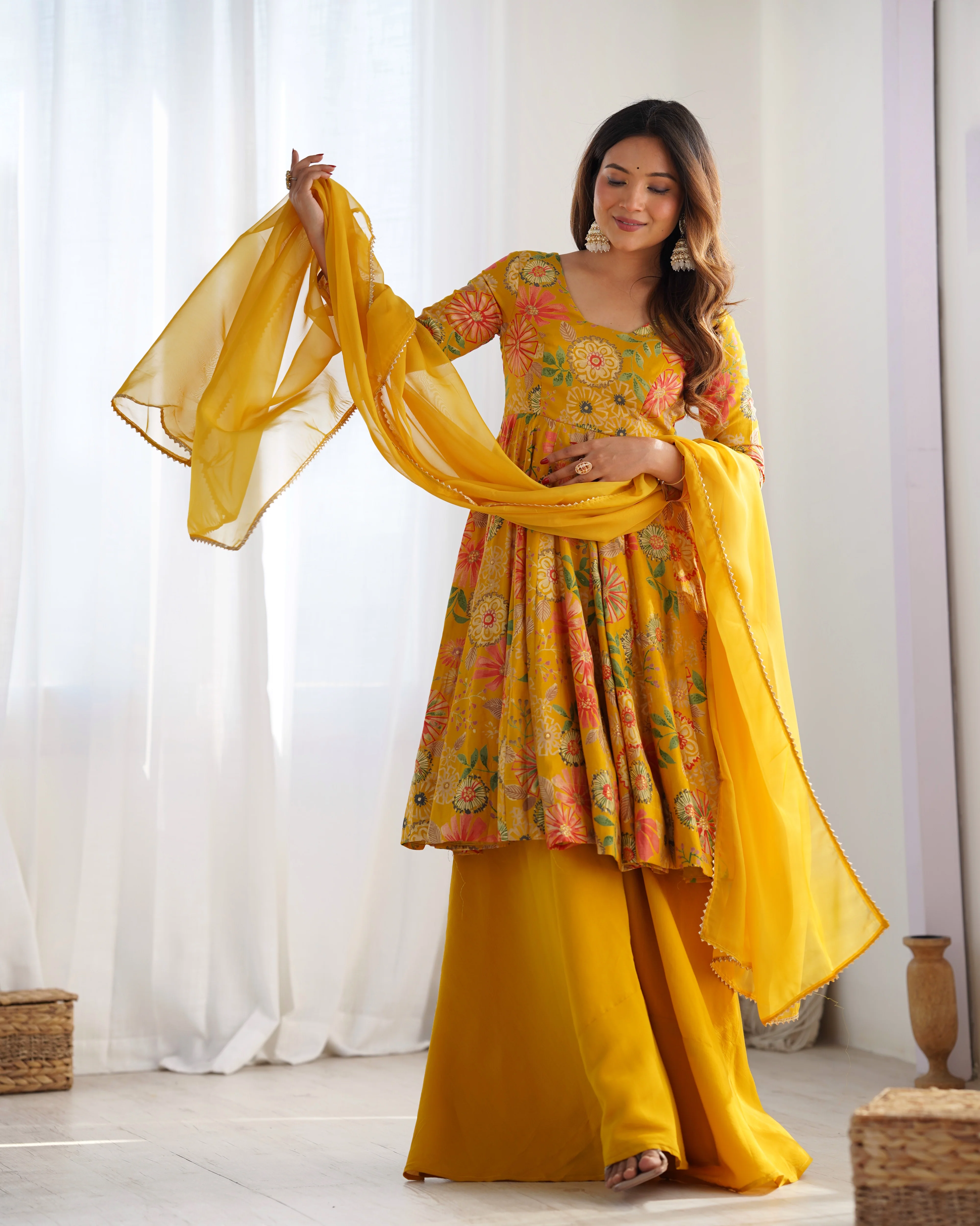 Mustard Color Raman silk Discharge Printed palazzo Suit - Image 2