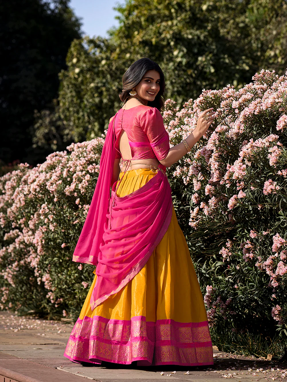 Mustard Color Zari Weaving Work Kanchipuram South Indian Lehenga Choli - Image 3