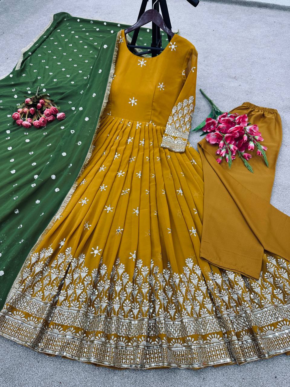 Mustered Color Anarkali Gown With Green Dupatta - Image 3