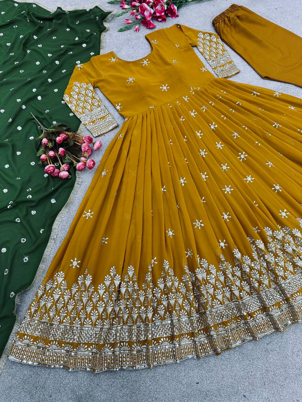 Mustered Color Anarkali Gown With Green Dupatta - Image 4