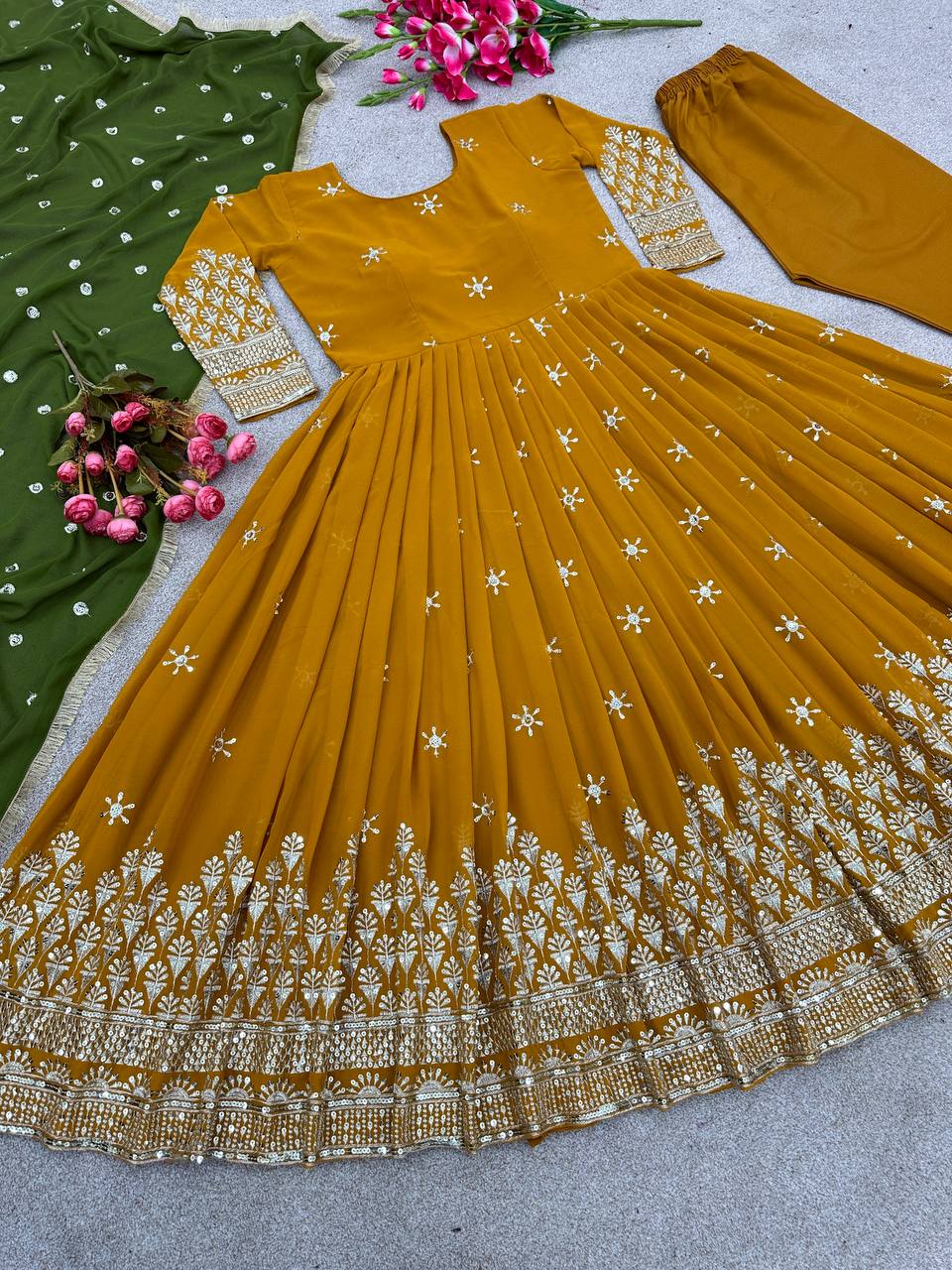 Mustered Color Anarkali Gown With Green Dupatta - Image 5